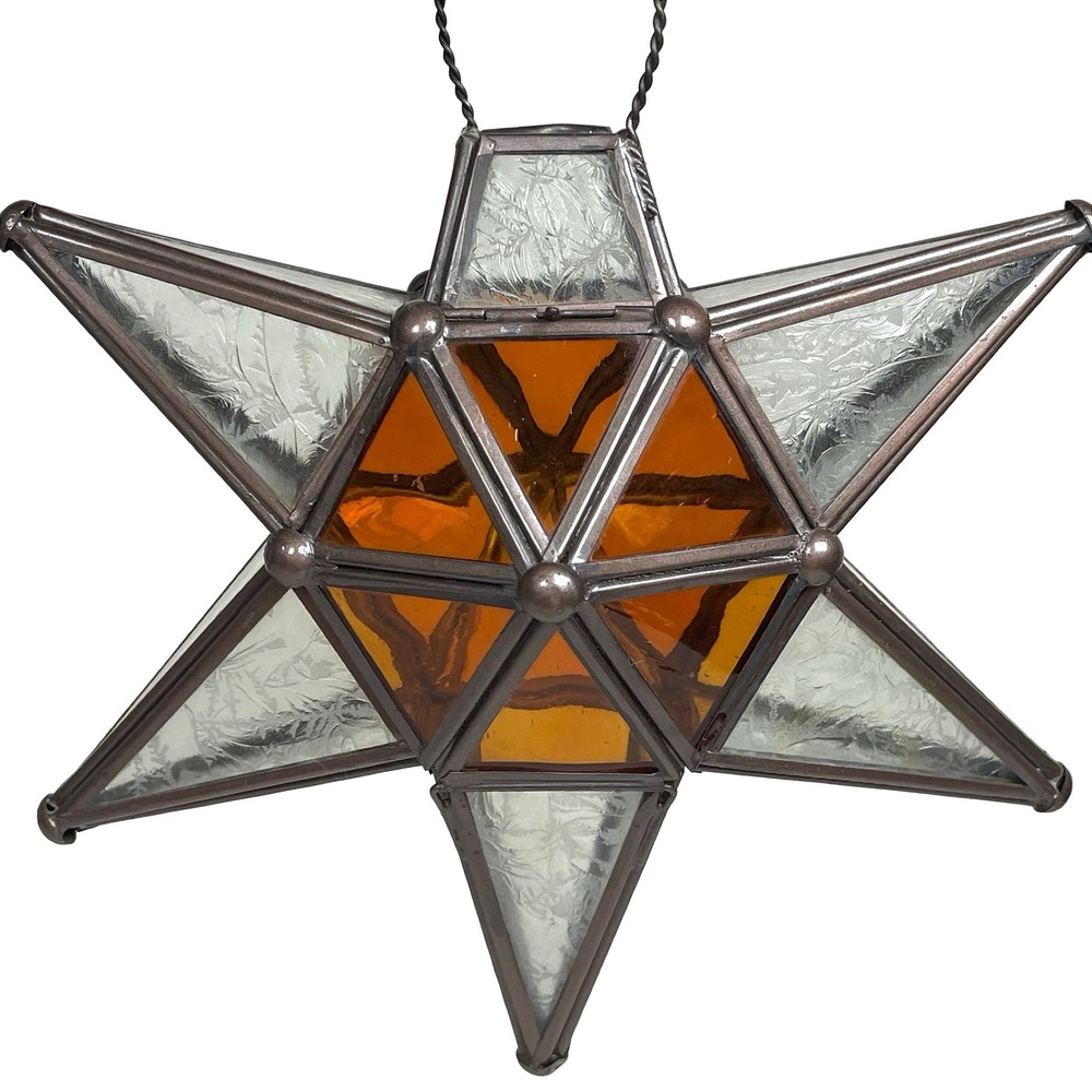 Vintage Glass Moravian Star Hanging Lantern Amber Frosted Glass Starburst De